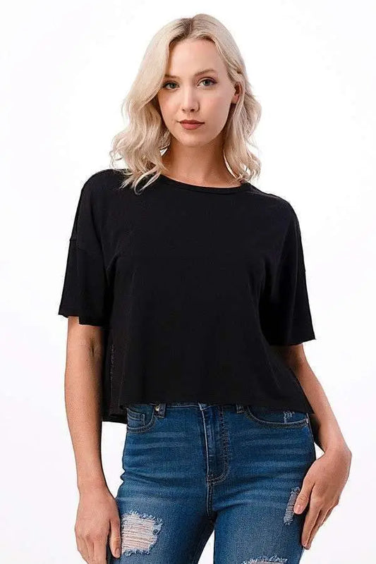 Raw Edge Deep Slit Tee - Black