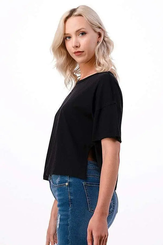 Raw Edge Deep Slit Tee - Black