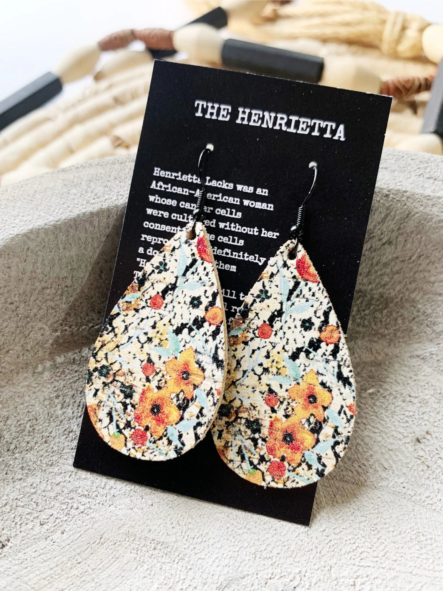 Orange Floral Reptile Print Cork Teardrop Earrings