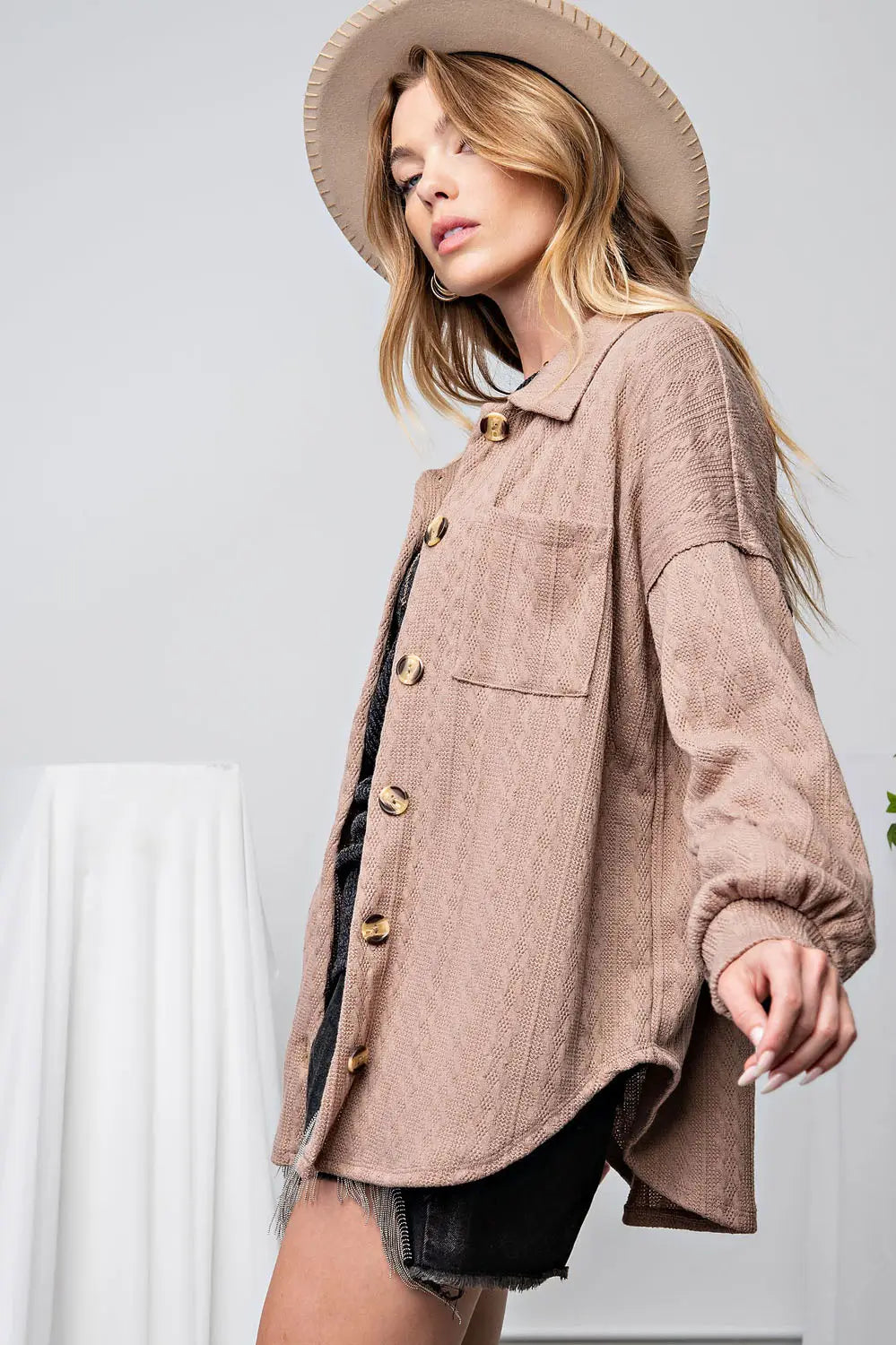 Plus Size Cable Button Down Shirt Jacket