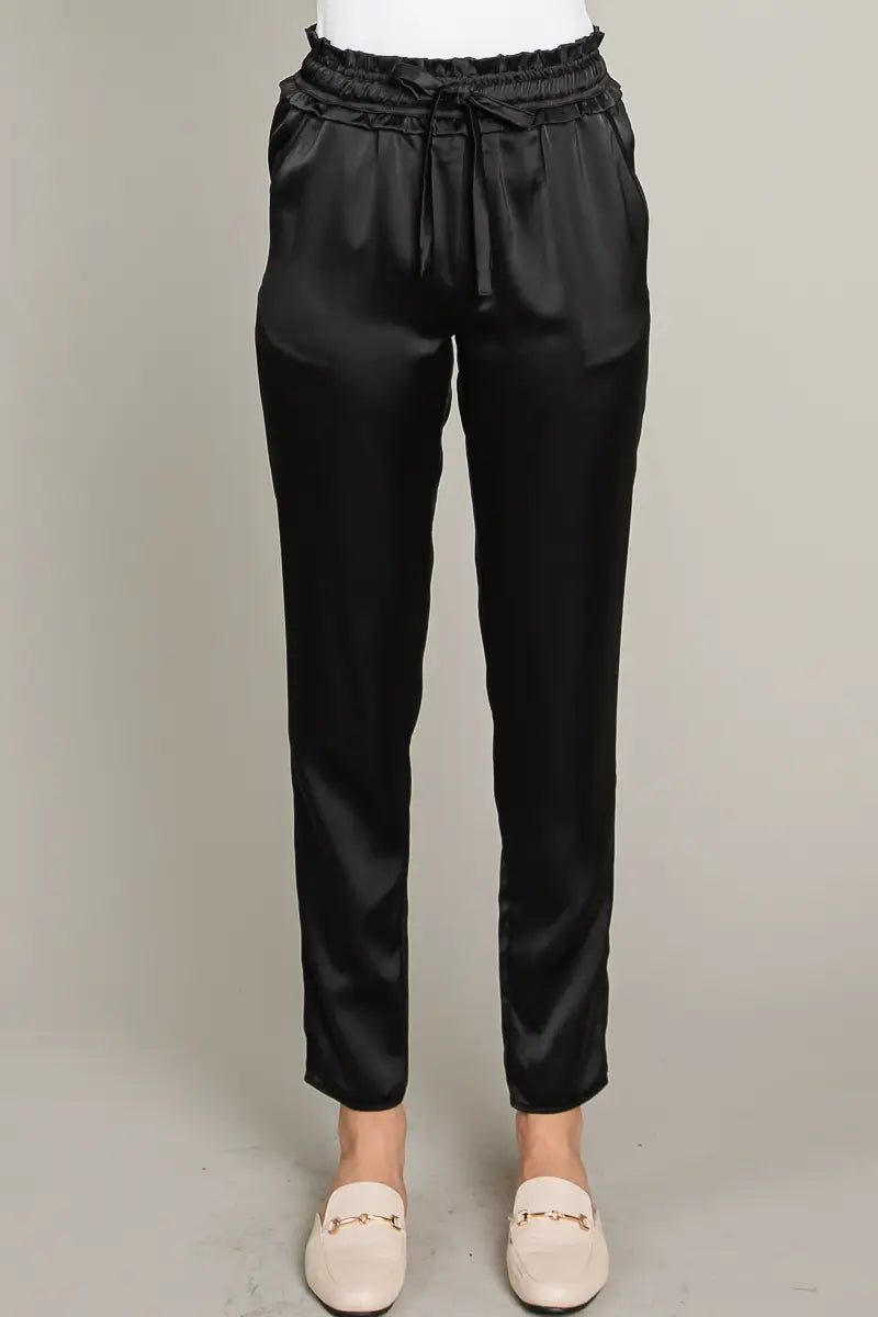 Satin Straight Leg Pants With Elastic Waist